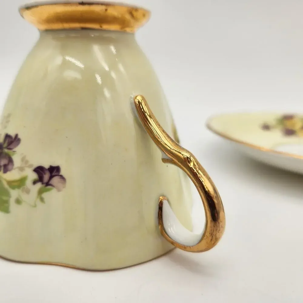 Footed Teacup & Saucer Clarence Bone China England Purple &‎ Yellow Violets Gold